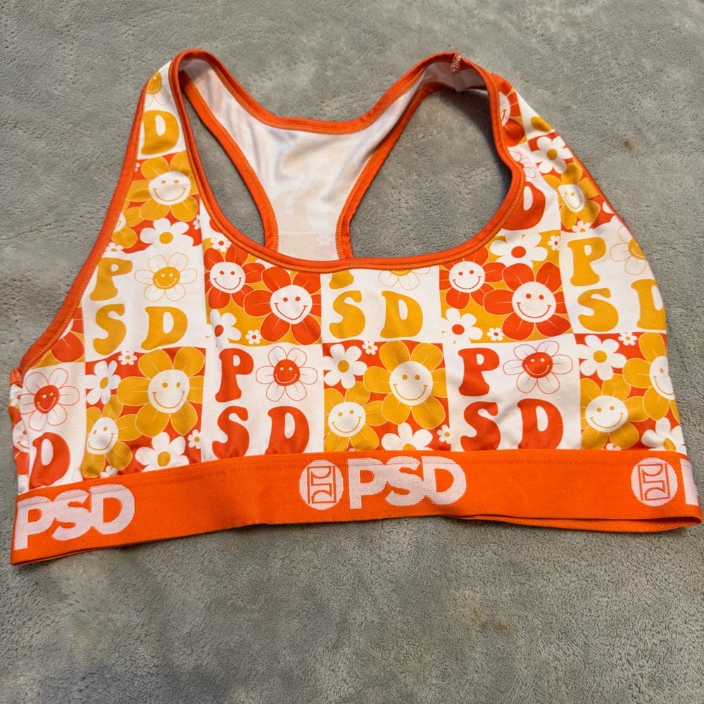 PSD Orange & Yellow Floral Smiley Racerback Sports Bra